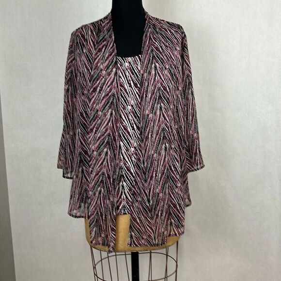 JM Collection Tank + Sheer Kimono Top Shirt Blouse Sz Medium Merlot Black Print - Picture 1 of 8